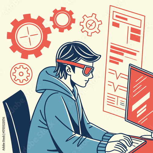 Young man in glasses types at a computer with gear icons around him