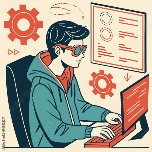 Young man with glasses types at a computer amid gears and diagrams