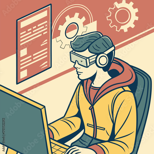 Young man with VR glasses works on a computer near document