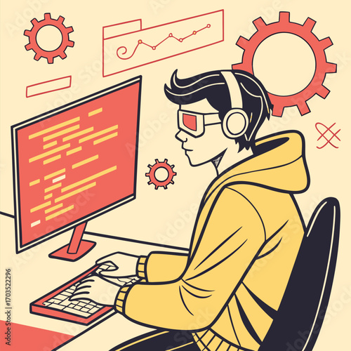 Young Asian male with headphones codes on the computer wearing glasses in a yellow sweater