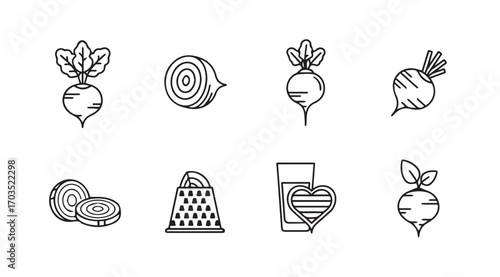 Collection of beetroot illustrations and related food preparation icons silhouette