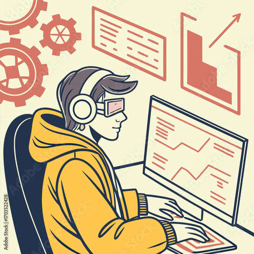Tech worker wearing headphones and virtual glasses interacts with charts on his computer