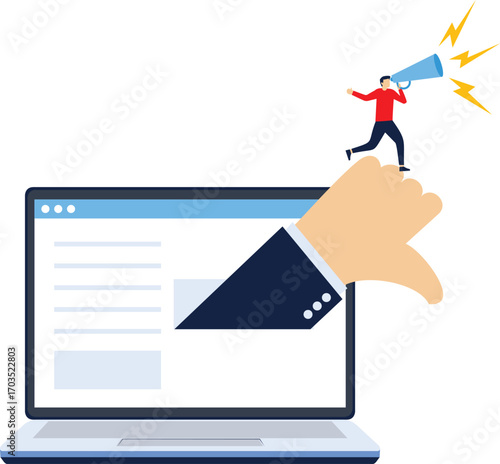 Thumb down pointing, negative feedback on internet. Rating, evaluation,


