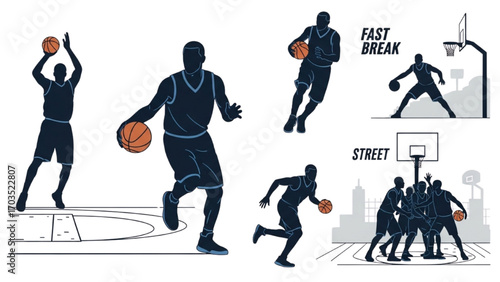 Basketball and Basketball Player Vector Silhouette Illustration Set AI EPS PNG