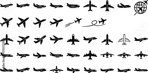 Set of black airplane icons and silhouettes in various styles and angles, aviation symbols, flight vector graphics, travel and transportation concept