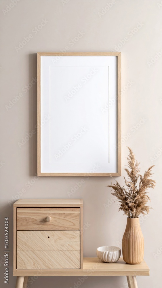 Fototapeta premium Empty Wooden Frame on Beige Wall with Cabinet and Pampas Grass Decoration