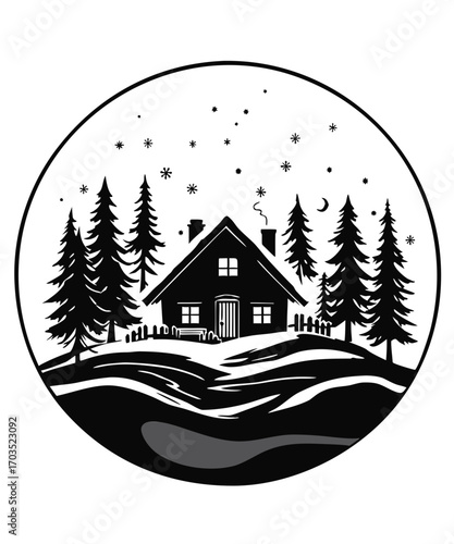 A charming black and white silhouette illustration of a cozy cabin nestled amongst snowcovered pine trees under a starry night sky, evoking a sense of winter wonder and peaceful solitude
