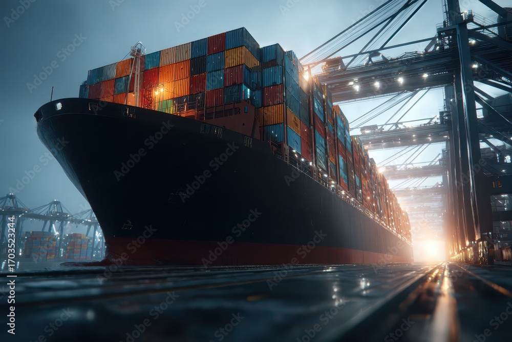 Naklejka premium Large container ship loaded with colorful cargo containers in a port.