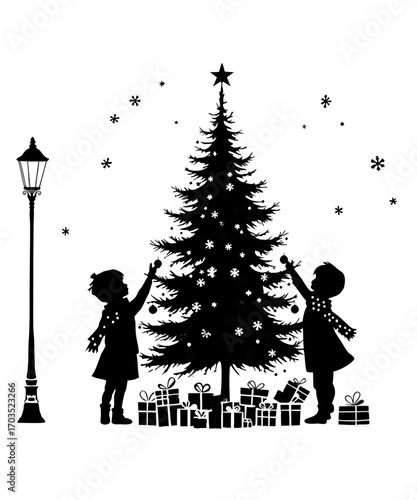 Silhouette of two children decorating a christmas tree with gifts at its base and a lamppost nearby