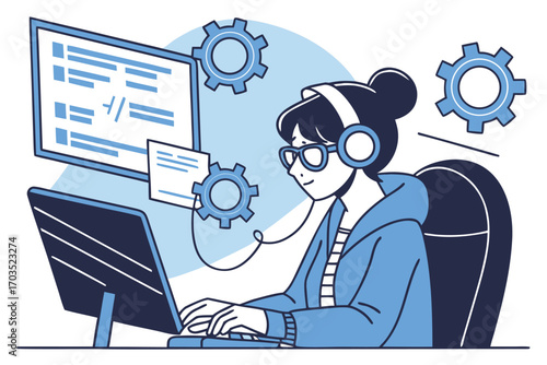 Young Asian woman codes with headphones and glasses at computer with floating gears