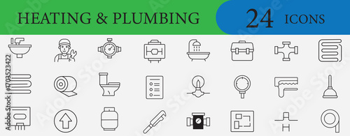 Heating and plumbing line icons set with faucet, pipe, boiler, radiator, shower, toilet, tools, repair, maintenance, sanitary and construction design