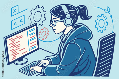 Young asian programmer coding wearing headphones sits before a computer with graphical background
