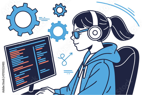 Smiling woman wearing headphones codes on computer surrounded by gears and stylized graphics