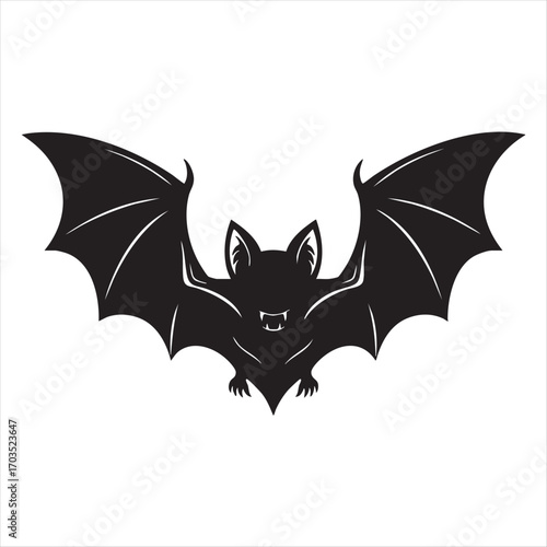 Silhouette of a black bat with wide wings spread for halloween and spooky themes