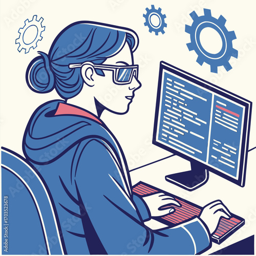 Side view of coder wearing glasses working intently at the computer with cogs around