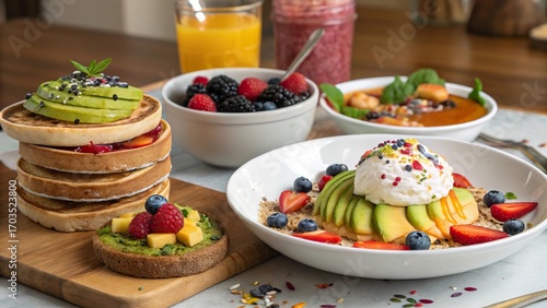 Creative breakfast ideas featuring colorful fruits, wholesome grains, and smoothies served in a cozy kitchen setting