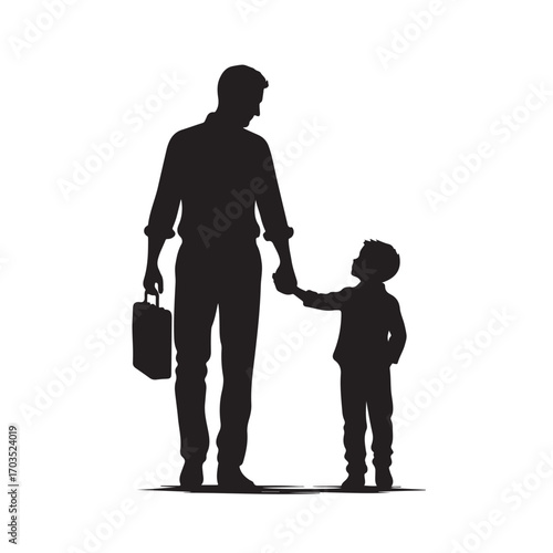 Silhouette of father and son holding hands, family love and relationship vector illustration