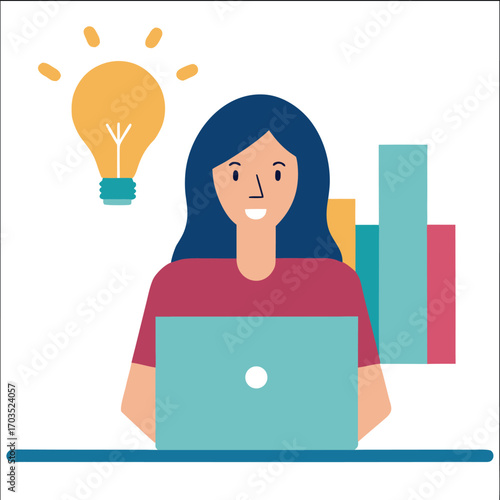 Woman sits at desk using laptop as bright idea and graphs appear
