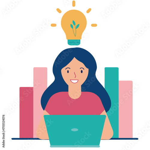 Cheerful woman with blue hair works on her laptop with a bright idea