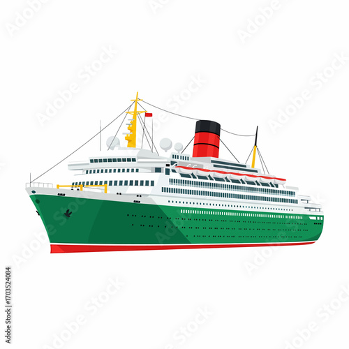 A classic green and white ocean liner cruise ship illustration on a white background.