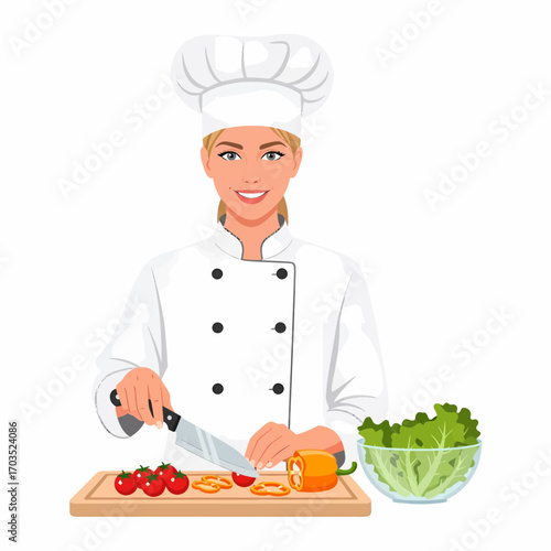 A female chef in a white uniform and hat is chopping vegetables on a wooden cutting board.