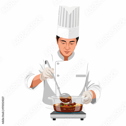 Chef preparing a dish in a transparent pot on a scale, wearing a white chef's uniform and hat.