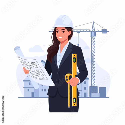 A female architect in a hard hat reviews blueprints at a construction site with cranes and buildings in the background.