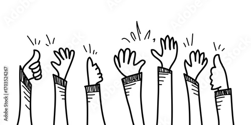Doodle hands up, clapping ovation. applause, thumbs up gesture on comic cartoon style. vector illustration