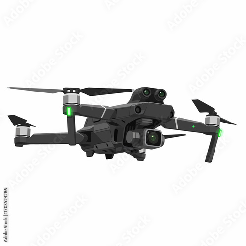 A close-up shot of a modern, black drone with multiple cameras and propellers, ready for flight.