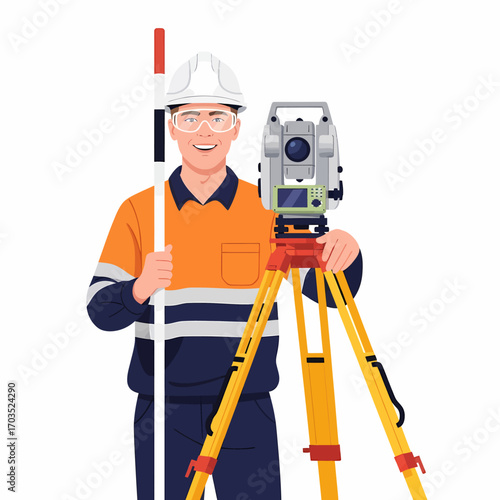 Surveyor with total station and survey pole, wearing safety gear.