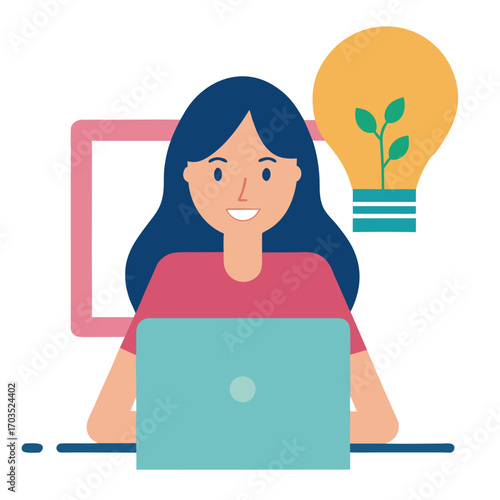 Smiling fair skinned woman utilizes laptop, accompanied by lightbulb with plant element