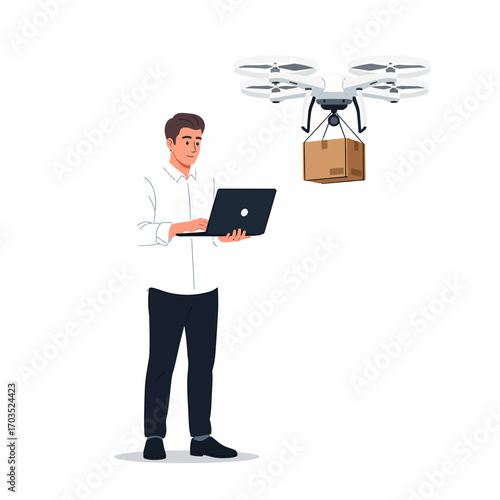 Man with laptop controlling delivery drone with package.