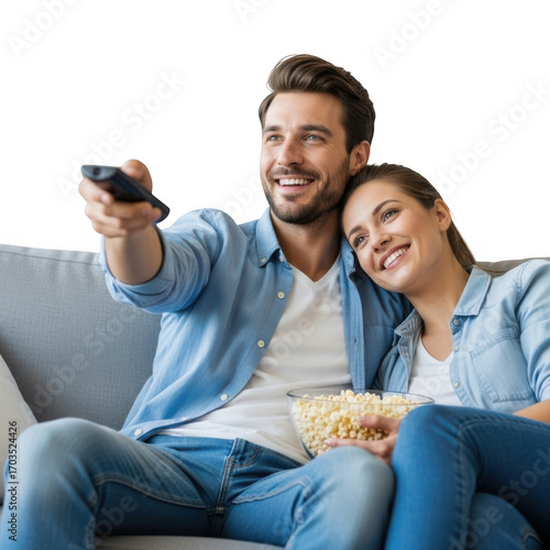 Happy couple relaxing on couch watching television with popcorn isolated on transparent background
