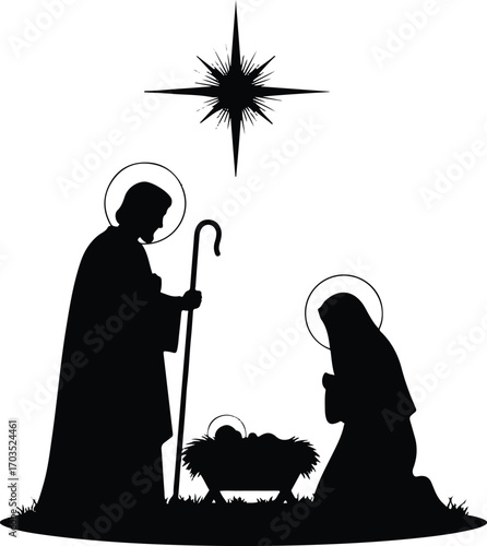 Nativity Silhouette: A serene silhouette depicts the iconic scene of the Nativity, with Mary and Joseph reverently gazing upon baby Jesus in the manger, under the guiding star. 