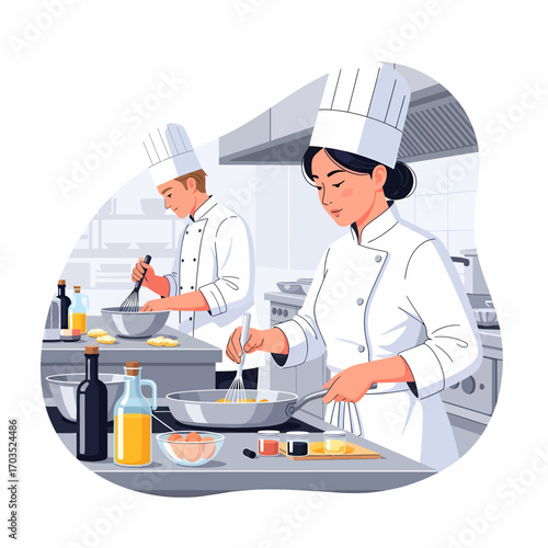 Two chefs cooking in a professional kitchen.