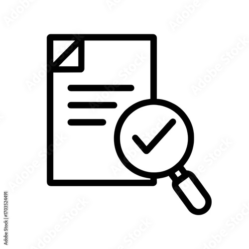 Black outline icon of document with a folded corner and a magnifying glass containing a checkmark, symbolizing document verification, approval, and inspection. Compliance and quality control.