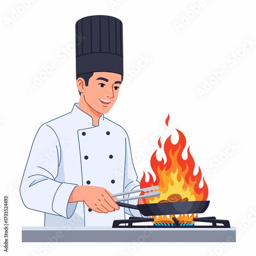 Chef preparing food on a hot stove with flames, smiling and focused.