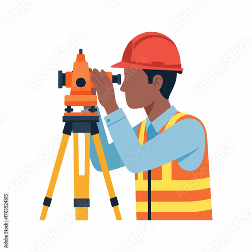 A surveyor in a hard hat and safety vest using a theodolite for measurements.