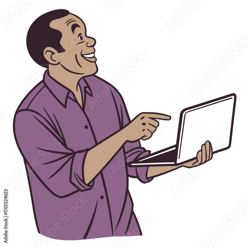 Smiling African American man in a purple shirt points at a laptop
