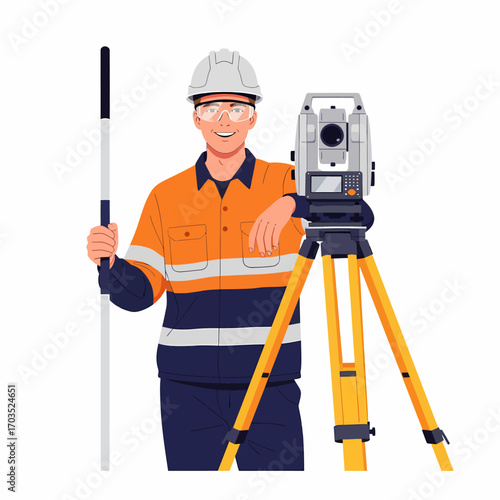 A smiling male surveyor in safety gear holding a surveying rod next to a total station on a tripod.