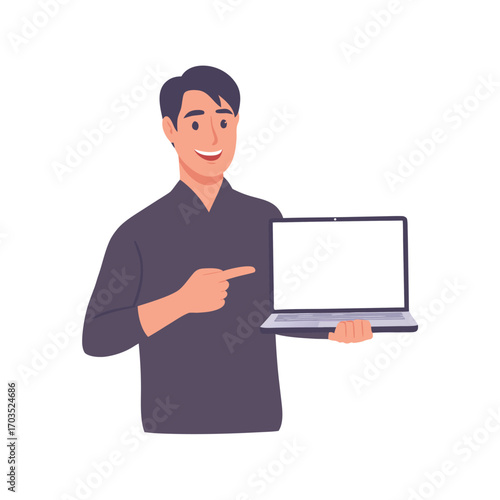 Smiling man showcases blank laptop screen pointing directly with positive attitude and clear display