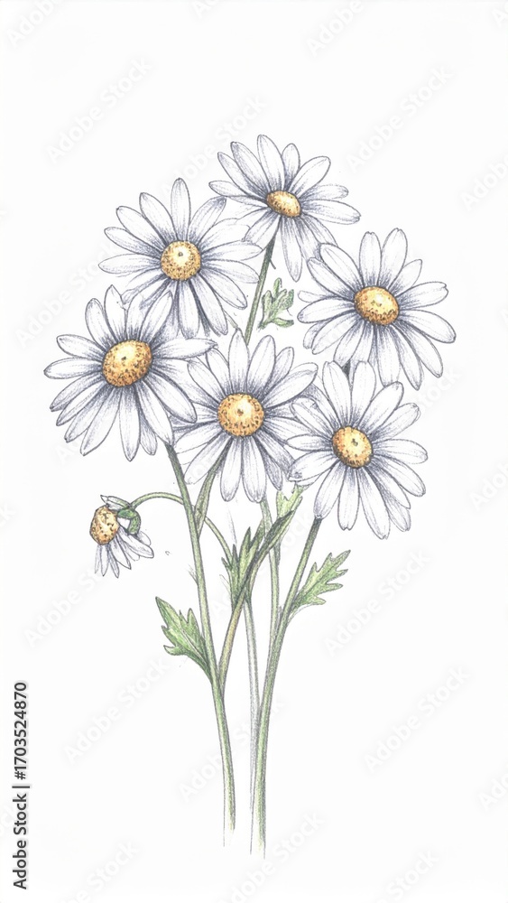 Fototapeta premium Detailed Daisy Flower Bouquet with White Petals and Yellow Centers on White Background