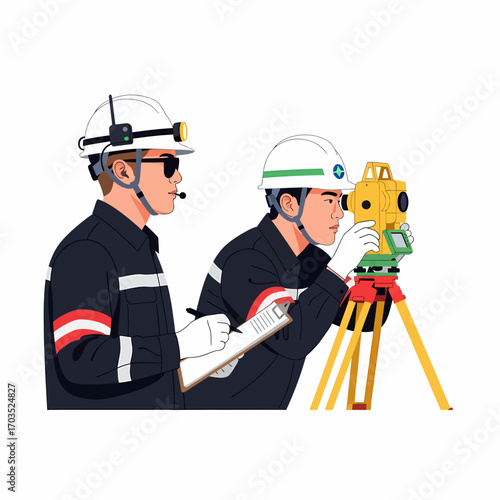 Two surveyors working with a theodolite and taking notes on a clipboard.