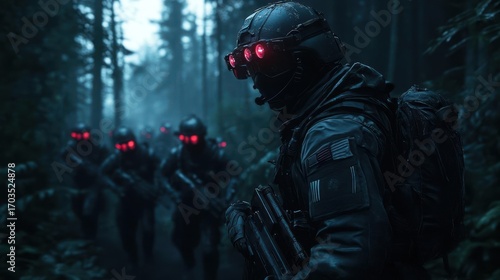 Eerie forest ambush by special forces with advanced night vision technology on mission