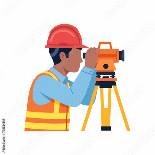 A surveyor in a hard hat and safety vest uses a theodolite on a tripod to take measurements.