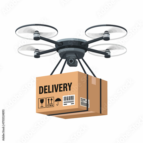 A drone carrying a cardboard box labeled 'DELIVERY', showcasing modern transport technology.
