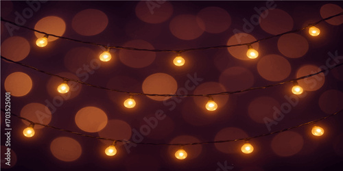 Glowing Christmas tree lights in the night with golden bokeh decoration and festive holiday atmosphere