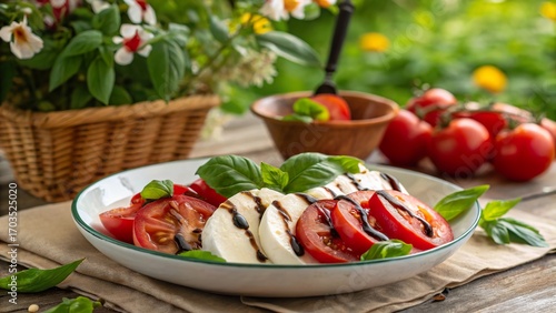 Fresh caprese salad showcasing ripe tomatoes and creamy mozzarella on a rustic table surrounded by vibrant garden greenery