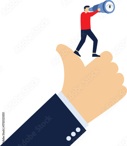 Career path concept. Vision to see business direction, economic forecast or future, strategy to success or business objective, businessman on giant pointing finger with telescope to see vision

