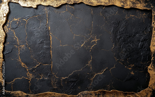 Dark Concrete Surface with Glowing Golden Veins and Border. Vector Illustration.